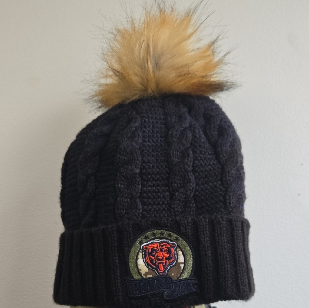 NFL Chicago Navy Cable Knit Beanie with Faux Fur Pom